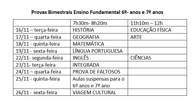 Calendário de PROVAS 6o e 7o Ano-2021