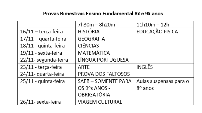 Calendário de Provas do 8o e 9o Anos -2021