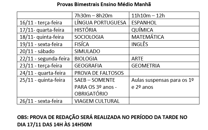 Calendários de Provas 2021- Ensino Médio Manhã